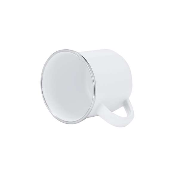 Taza metálica de 200ml de capacidad con diseño vintage y acabado blanco brillante con elegante detalle en cromado en el borde. Diseñada especialmente para la sublimación.
