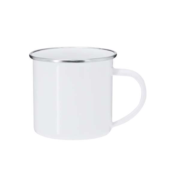 Taza metálica de 200ml de capacidad con diseño vintage y acabado blanco brillante con elegante detalle en cromado en el borde. Diseñada especialmente para la sublimación.