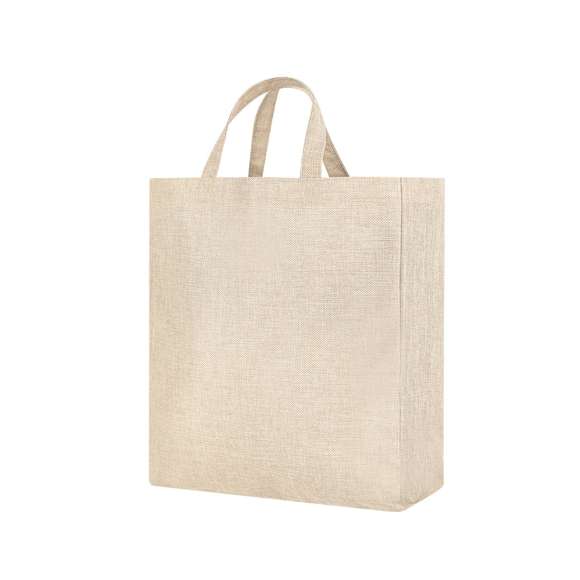 Bolsa fabricada en suave y resistente poliéster, ideal para personalización mediante impresión por sublimación. Con fuelle y asas reforzadas. Resistencia hasta 6 kg de peso.