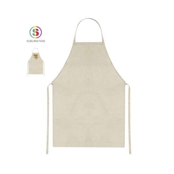 Delantal fabricado en suave y resistente poliéster, ideal para personalización mediante impresión por sublimación.