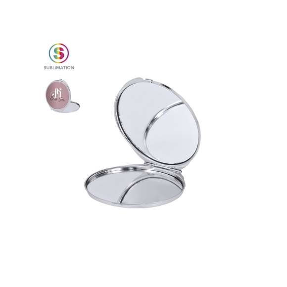 Espejo plegable metálico con placa para sublimación (no integrada en el producto, ideal para imprimir y pegar posteriormente). Con dos espejos interiores: 1X y aumento 2X.