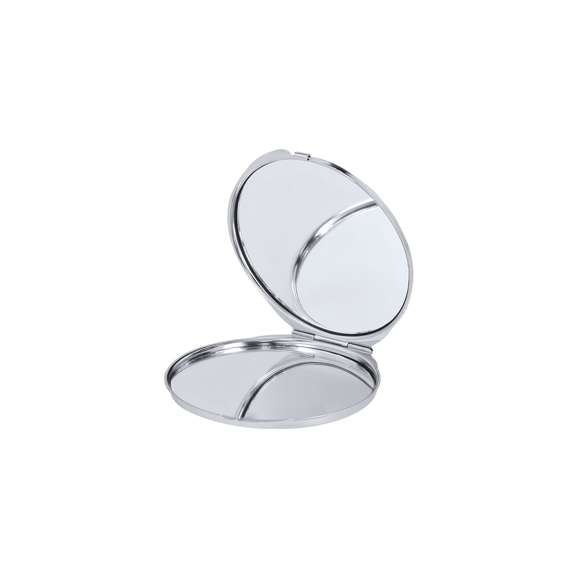 Espejo plegable metálico con placa para sublimación (no integrada en el producto, ideal para imprimir y pegar posteriormente). Con dos espejos interiores: 1X y aumento 2X.