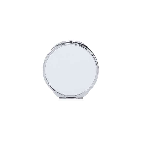 Espejo plegable metálico con placa para sublimación (no integrada en el producto, ideal para imprimir y pegar posteriormente). Con dos espejos interiores: 1X y aumento 2X.