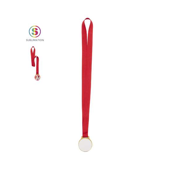 Medalla metálica con acabado dorado liso, especialmente diseñada para marcaje en sublimación (no integrada en el producto, ideal para imprimir y pegar posteriormente). Cinta de poliéster en color rojo incluida.