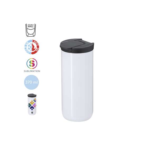 Vaso térmico fabricado en acero inox de doble pared y 370ml de capacidad. Especialmente diseñado para marcaje en sublimación, acabado en blanco brillo. Equipado con un dosificador en la tapa de color negro, diseñado para evitar fugas y libre de BPA.