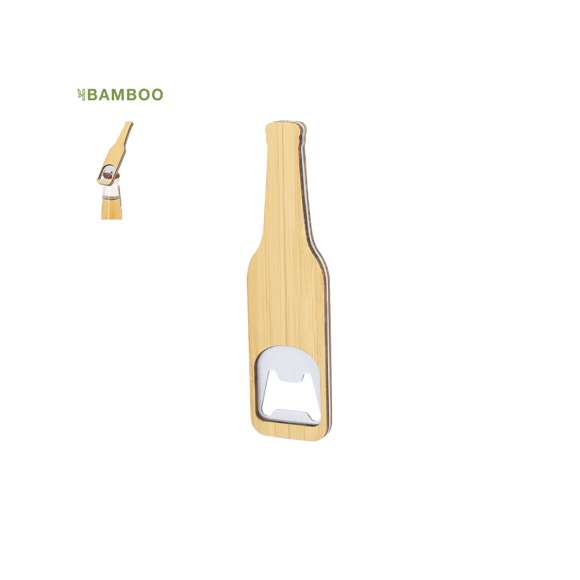 Abridor con diseño de botella en bambú y metal.Materiales como el Bambú fomentan la utilización de materias primas naturales reduciendo las emisiones contaminantes. Además, el bambú proviene de una planta de gran resistencia y versatilidad, con crecimiento y regeneración rápida, siendo una excelente alternativa al uso de madera tradicional.