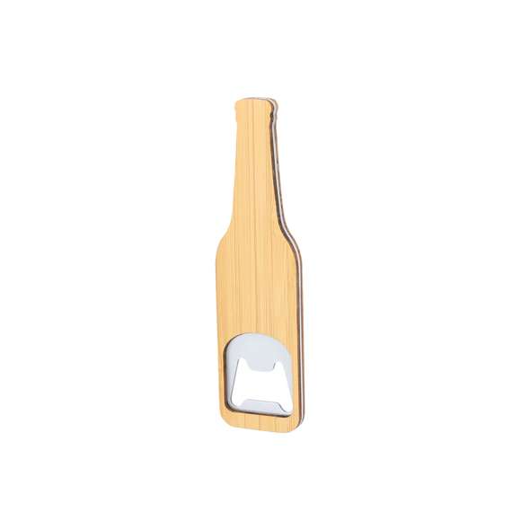 Abridor con diseño de botella en bambú y metal.Materiales como el Bambú fomentan la utilización de materias primas naturales reduciendo las emisiones contaminantes. Además, el bambú proviene de una planta de gran resistencia y versatilidad, con crecimiento y regeneración rápida, siendo una excelente alternativa al uso de madera tradicional.