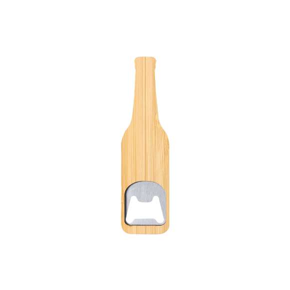 Abridor con diseño de botella en bambú y metal.Materiales como el Bambú fomentan la utilización de materias primas naturales reduciendo las emisiones contaminantes. Además, el bambú proviene de una planta de gran resistencia y versatilidad, con crecimiento y regeneración rápida, siendo una excelente alternativa al uso de madera tradicional.