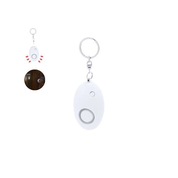 Alarma Personal con linterna LED, equipada con un potente timbre de volumen  para alertar de emergencias. Con sencilla activación mediante un sistema de tirado de la anilla que activa la alarma de inmediato. Incorpora una linterna LED, ideal para proporcionar iluminación en condiciones de baja visibilidad. Incluye un mosquetón y una anilla metálica para facilitar su sujeción a bolsos, mochilas o llaveros, etc. Funcionamiento a pilas de botón (incluidas).