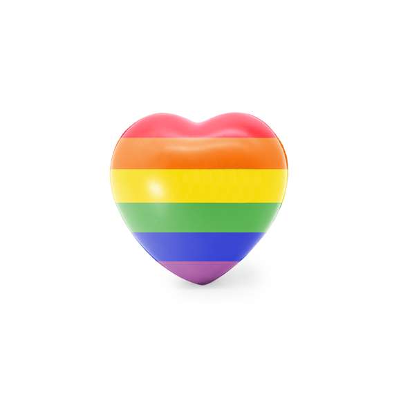 Antiestrés en forma de corazón con diseño Rainbow, fabricado en un suave cuerpo con acolchado de PU brillante.