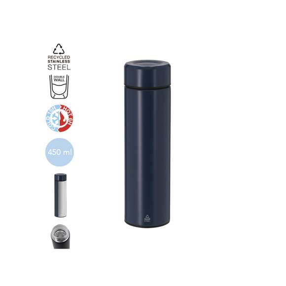 Termo en Acero Inox Reciclado de 450 ml de capacidad. Con doble pared para mejor y más duradera conservación de la temperatura e interior con recubrimiento de cerámica, apto para bebidas carbonatadas. Infusor incluido y sistema de apertura fácil a rosca. Con distintivo de Acero Inox Reciclado.El acero es uno de los materiales más demandados y que puede encontrarse casi en todas partes, desde productos de uso diario a grandes construcciones. Con innumerables propiedades, entre las que cabe destacar la durabilidad y su alto grado de reutilización, convirtiéndolo en una alternativa muy valorada en soluciones de sostenibilidad. Debidamente tratado, permite obtener nuevos recursos de infinita utilización.