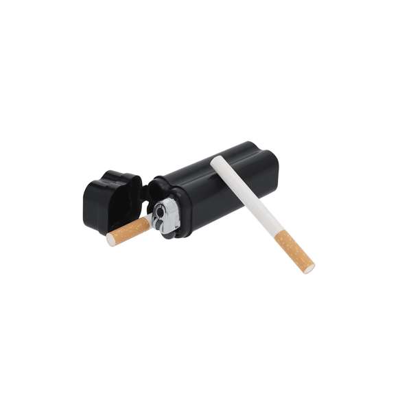 Práctico estuche para tabaco de diseño compacto, ideal para transporte. Capacidad para dos cigarros y un mechero. Con tapadera con bisagra.