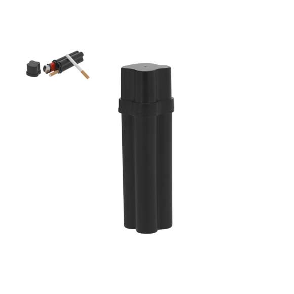 Práctico estuche para tabaco de diseño compacto y longitud especial, ideal para transporte. Capacidad para dos cigarros y un mechero. Con tapadera con bisagra.