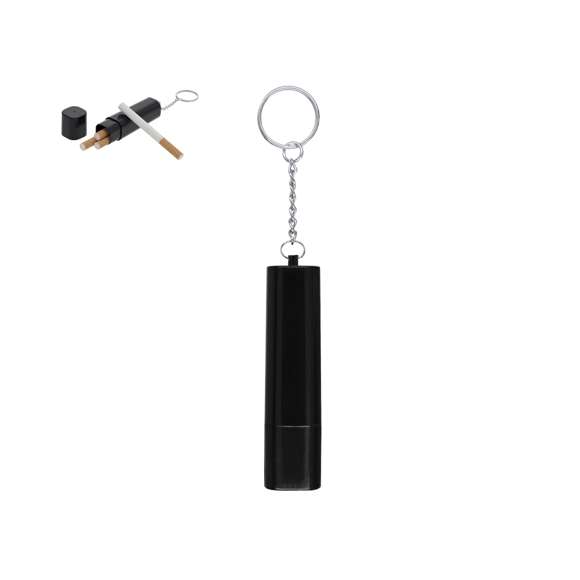 Práctico llavero estuche para tabaco de diseño compacto, ideal para un transporte cómodo. Ofrece capacidad para cuatro cigarros con una tapa extraíble y metálica anilla llavero.