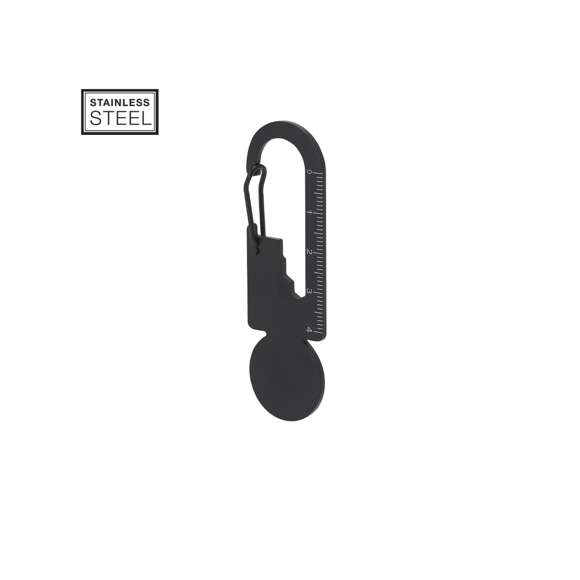 Multiherramienta de acero inoxidable y acabado negro mate. Diseñada para adaptarse a múltiples necesidades, incluye 8 funciones: llave para tuercas hexagonales en varios tamaños, regla para mediciones, abrebotellas, moneda para carro de compra, etc. Con cierre de mosquetón.