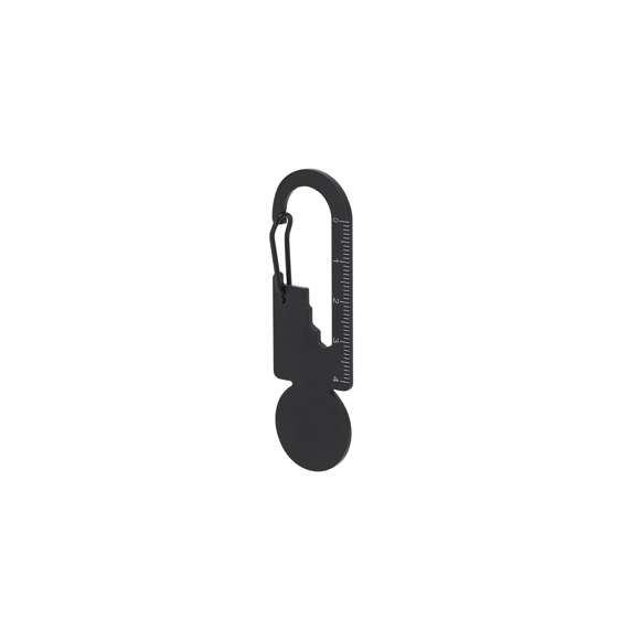 Multiherramienta de acero inoxidable y acabado negro mate. Diseñada para adaptarse a múltiples necesidades, incluye 8 funciones: llave para tuercas hexagonales en varios tamaños, regla para mediciones, abrebotellas, moneda para carro de compra, etc. Con cierre de mosquetón.