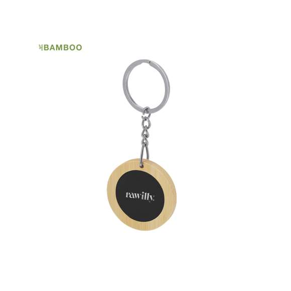 Llavero en combinación de bambú y metal. Con área en acabado gomoso, ideal para grabado láser con terminación plata efecto espejo.Materiales como el bambú fomentan la utilización de materias primas naturales, reduciendo las emisiones contaminantes. Proviene de una planta de gran resistencia y versatilidad, con crecimiento y regeneración rápidos, siendo una excelente alternativa al uso de madera tradicional.