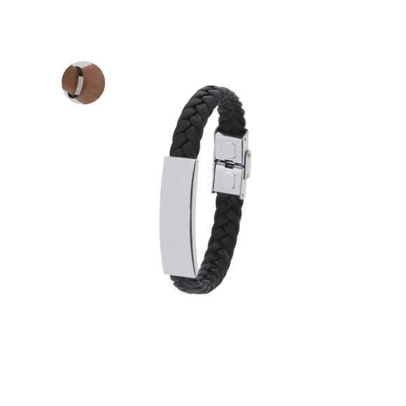 Pulsera de piel sintética negra adornada con placa fabricada en acero inox pulido de diseño plano. Cuenta con un original cierre de seguridad.