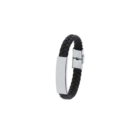 Pulsera de piel sintética negra adornada con placa fabricada en acero inox pulido de diseño plano. Cuenta con un original cierre de seguridad.