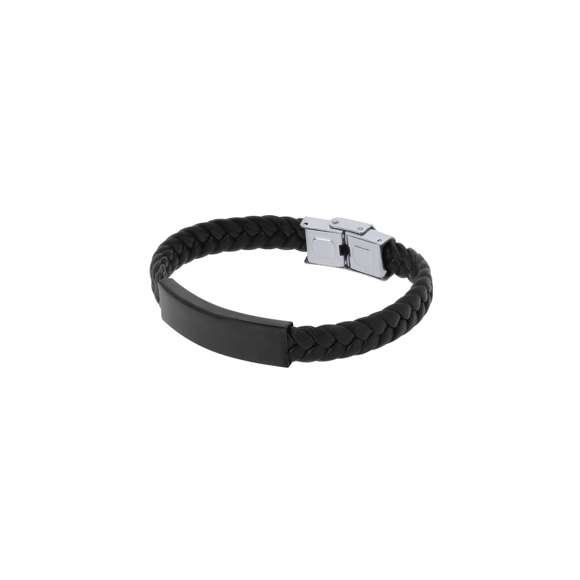 Pulsera de piel sintética negra adornada con placa fabricada en acero inox pulido de diseño plano. Cuenta con un original cierre de seguridad.