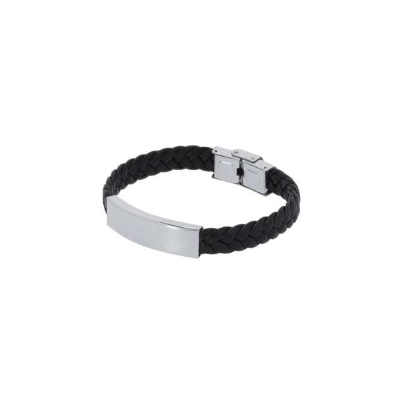 Pulsera de piel sintética negra adornada con placa fabricada en acero inox pulido de diseño plano. Cuenta con un original cierre de seguridad.
