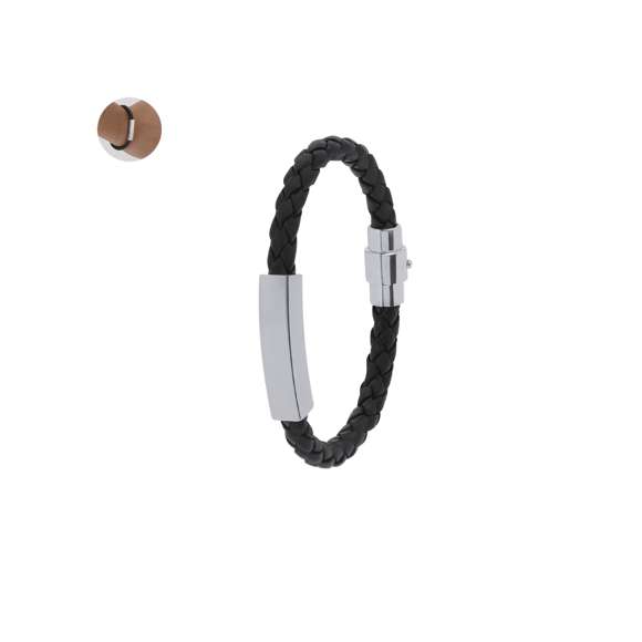Pulsera de piel sintética negra adornada con placa fabricada en acero inox pulido de diseño plano. Cuenta con un original cierre de seguridad magnético.