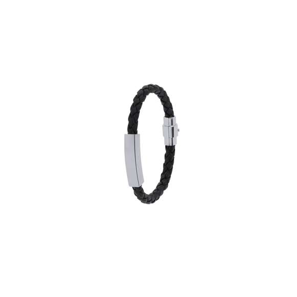 Pulsera de piel sintética negra adornada con placa fabricada en acero inox pulido de diseño plano. Cuenta con un original cierre de seguridad magnético.