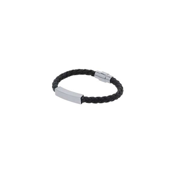 Pulsera de piel sintética negra adornada con placa fabricada en acero inox pulido de diseño plano. Cuenta con un original cierre de seguridad magnético.