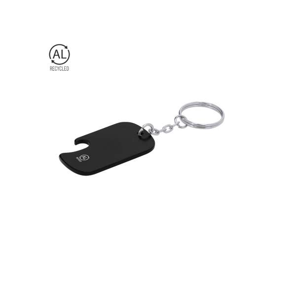 Llavero abridor en aluminio reciclado. Incluye distintivo de aluminio reciclado.El Aluminio Reciclado es un material con posibilidades de reciclaje casi infinitas, sin perder sus propiedades originales y consumiendo menos energía en este proceso.Certificación GRS (Global Recycled Standard / Estándar de Reciclaje Global), que garantiza el origen reciclado del material usado para fabricar el producto.