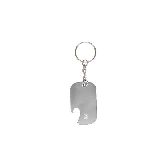 Llavero abridor en aluminio reciclado. Incluye distintivo de aluminio reciclado.El Aluminio Reciclado es un material con posibilidades de reciclaje casi infinitas, sin perder sus propiedades originales y consumiendo menos energía en este proceso.Certificación GRS (Global Recycled Standard / Estándar de Reciclaje Global), que garantiza el origen reciclado del material usado para fabricar el producto.