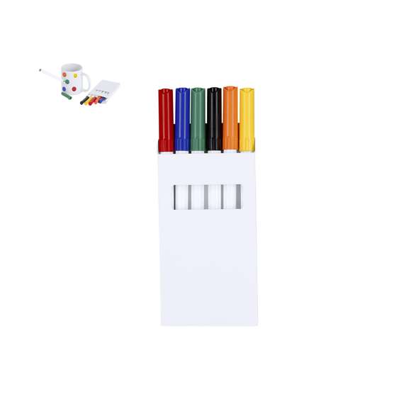 Set de 6 rotuladores en variados colores, diseñados para crear diseños únicos directamente sobre cerámica. Fácil de usar, permite infinitas posibilidades de personalización en casa, fijando los diseños con un horno convencional. Incluye instrucciones de uso detalladas en el reverso de la caja.