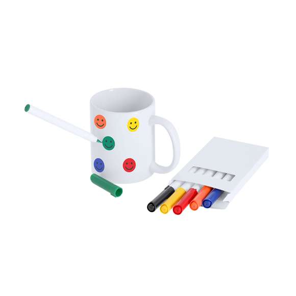 Set de 6 rotuladores en variados colores, diseñados para crear diseños únicos directamente sobre cerámica. Fácil de usar, permite infinitas posibilidades de personalización en casa, fijando los diseños con un horno convencional. Incluye instrucciones de uso detalladas en el reverso de la caja.