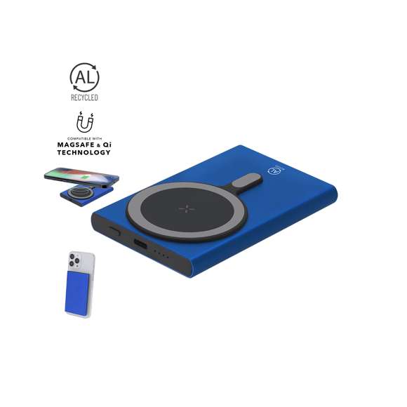 Batería auxiliar externa de 5.000 mAh fabricada en Aluminio Reciclado, con carga inalámbrica de 15W para tecnología Qi y fijación magnética Magsafe y entrada/salida USB Tipo C. Indicadores LED de estado de carga, botón de encendido/apagado y cable de carga Tipo C incluido. Incluye distintivo de Aluminio Reciclado.El Aluminio Reciclado es un material con posibilidades de reciclaje casi infinitas, sin perder sus propiedades originales y consumiendo menos energía en este proceso.Certificación GRS (Global Recycled Standard / Estándar de Reciclaje Global), que garantiza el origen reciclado del material usado para fabricar el producto.Entrada/Salida USB Tipo C: 5-9 V CC 1-1,67 ALas capacidades mostradas en todas nuestras baterías auxiliares externas son reales, incorporando todas ellas baterías de grado A y no recicladas, con una vida útil de al menos 500 ciclos de carga y según normativa CE.Además, están fabricadas conforme a los estándares RoHS y en cumplimiento con los siguientes requisitos de seguridad:Sistema de protección contra sobrecarga del power bank.Sistema de protección contra descarga completa que proporciona una mayor durabilidad del power bank.Sistema de bloqueo para evitar cortocircuitos.Sistema de transferencia de carga constante, acorde con la capacidad del dispositivo de destino.