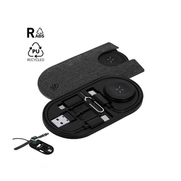 Set de cables cargadores en ABS Reciclado (RABS). Incluye:- Carga inalámbrica para smartwatch,.- Cable multifunción con cabezales USB, Tipo-C y Lightning, compatible con una amplia variedad de dispositivos y con capacidad de transferencia de datos.- Pin eyector de SIM, con ranuras para almacenamiento de Nano SIM y tarjetas TF.El RABS es un plástico altamente reciclable de gran resistencia y con multitud de aplicaciones que lo convierten en una solución eco-friendly. Con certificación RCS, que garantiza el origen reciclado del mismo y con logo RABS grabado.