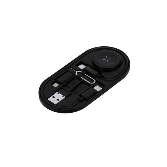 Set de cables cargadores en ABS Reciclado (RABS). Incluye:- Carga inalámbrica para smartwatch,.- Cable multifunción con cabezales USB, Tipo-C y Lightning, compatible con una amplia variedad de dispositivos y con capacidad de transferencia de datos.- Pin eyector de SIM, con ranuras para almacenamiento de Nano SIM y tarjetas TF.El RABS es un plástico altamente reciclable de gran resistencia y con multitud de aplicaciones que lo convierten en una solución eco-friendly. Con certificación RCS, que garantiza el origen reciclado del mismo y con logo RABS grabado.