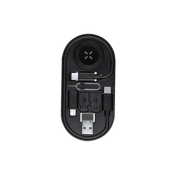 Set de cables cargadores en ABS Reciclado (RABS). Incluye:- Carga inalámbrica para smartwatch,.- Cable multifunción con cabezales USB, Tipo-C y Lightning, compatible con una amplia variedad de dispositivos y con capacidad de transferencia de datos.- Pin eyector de SIM, con ranuras para almacenamiento de Nano SIM y tarjetas TF.El RABS es un plástico altamente reciclable de gran resistencia y con multitud de aplicaciones que lo convierten en una solución eco-friendly. Con certificación RCS, que garantiza el origen reciclado del mismo y con logo RABS grabado.