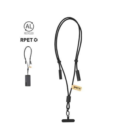 Innovador lanyard con función de soporte y cable cargador, fabricado en una combinación de poliéster RPET y aluminio reciclado. Diseñado para colocarse fácilmente entre la funda y el smartphone gracias a su accesorio de transporte. Incluye cinta a juego, mosquetón metálico giratorio en color negro y accesorio de seguridad para el cuello. Ofrece funcionalidad de carga y traspaso de datos, con entrada USB y Tipo C, y salidas Micro USB, Lightning y Tipo C. Presenta un distintivo de RPET en etiqueta kraft, destacando su compromiso sostenible.El material RPET se elabora a partir de plástico reciclado, para así fomentar la reutilización de residuos plásticos y ayudar a la sostenibilidad del planeta.El Aluminio Reciclado es un material con posibilidades de reciclaje casi infinitas, sin perder sus propiedades originales y consumiendo menos energía en este proceso.Certificación GRS (Global Recycled Standard / Estándar de Reciclaje Global), que garantiza el origen reciclado del material usado para fabricar el producto.