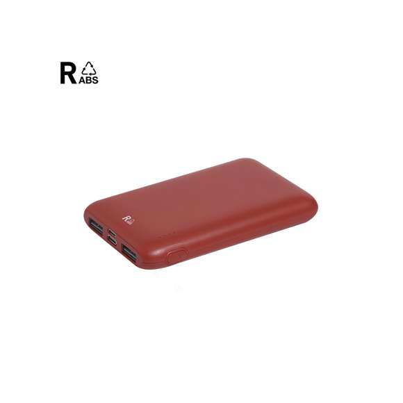 Batería auxiliar externa en ABS reciclado( RABS) de 5.000 mAh de capacidad de carga. Incluye salida USB dual para carga simultánea de 2 dispositivos, entrada Micro USB, y conexión Tipo C de entrada y salida. Con indicador de estado de carga. Incluye distintivo RABS.El RABS es un plástico altamente reciclable de gran resistencia y con multitud de aplicaciones que lo convierten en una solución eco-friendly. Las capacidades mostradas en todas nuestras baterías auxiliares externas son reales, incorporando todas ellas baterías de grado A y no recicladas, con una vida útil de al menos 500 ciclos de carga y según normativa CE.Además, están fabricadas conforme a los estándares RoHS y en cumplimiento con los siguientes requisitos de seguridad:Sistema de protección contra sobrecarga del power bank.Sistema de protección contra descarga completa que proporciona una mayor durabilidad del power bank.Sistema de bloqueo para evitar cortocircuitos.Sistema de transferencia de carga constante, acorde con la capacidad del dispositivo de destino.5000 mAh. 2 Salidas USB. Entrada Micro USB. Salida y Entrada Tipo C
