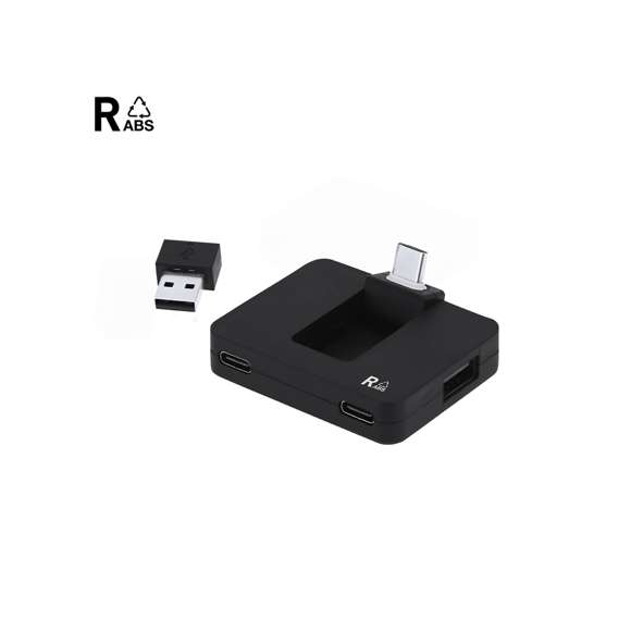 Puerto USB 2.0 fabricado en ABS reciclado (RABS). Incluye 2 puertos Tipo C y 2 puertos USB, con entrada dual USB/Tipo C. El RABS es un plástico altamente reciclable de gran resistencia y con multitud de aplicaciones que lo convierten en una solución eco-friendly. 2 Puertos Tipo C. 2 Puertos USB 2.0