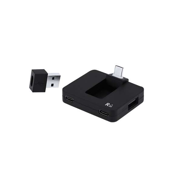 Puerto USB 2.0 fabricado en ABS reciclado (RABS). Incluye 2 puertos Tipo C y 2 puertos USB, con entrada dual USB/Tipo C. El RABS es un plástico altamente reciclable de gran resistencia y con multitud de aplicaciones que lo convierten en una solución eco-friendly. 2 Puertos Tipo C. 2 Puertos USB 2.0