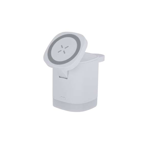 Cargador inalámbrico magnético 3 en 1 de 15W, fabricado en ABS reciclado (RABS). Diseñado para la carga simultánea del smartphone, auriculares y smartwatch. Cuenta con lámpara integrada en la base con 2 modos de luz ajustables en blanco.Clave tipo C incluido. Un gadget todo en uno: plegable, portátil, versátil y de diseño funcional.El RABS es un plástico altamente reciclable de gran resistencia y con multitud de aplicaciones que lo convierten en una solución eco-friendly. Fabricado conforme a los estándares RoHS y en cumplimiento con los siguientes requisitos de seguridad:Sistema de protección contra sobrecalentamiento.Sistema de protección contra sobrecarga.Sistema de bloqueo para evitar cortocircuitos.