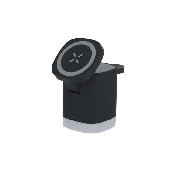 Cargador inalámbrico magnético 3 en 1 de 15W, fabricado en ABS reciclado (RABS). Diseñado para la carga simultánea del smartphone, auriculares y smartwatch. Cuenta con lámpara integrada en la base con 2 modos de luz ajustables en blanco.Clave tipo C incluido. Un gadget todo en uno: plegable, portátil, versátil y de diseño funcional.El RABS es un plástico altamente reciclable de gran resistencia y con multitud de aplicaciones que lo convierten en una solución eco-friendly. Fabricado conforme a los estándares RoHS y en cumplimiento con los siguientes requisitos de seguridad:Sistema de protección contra sobrecalentamiento.Sistema de protección contra sobrecarga.Sistema de bloqueo para evitar cortocircuitos.