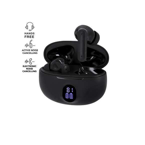 Auriculares intraurales con conexión Bluetooth 5.4, con función manos libres y cancelación de ruidos. De diseño ergonómico, incluyen botón de control táctil integrado en el auricular, con base de carga a juego y pantalla exterior del estado de batería por auricular. Batería integrada de 230 mAh. Manual de instrucciones en español e inglés.