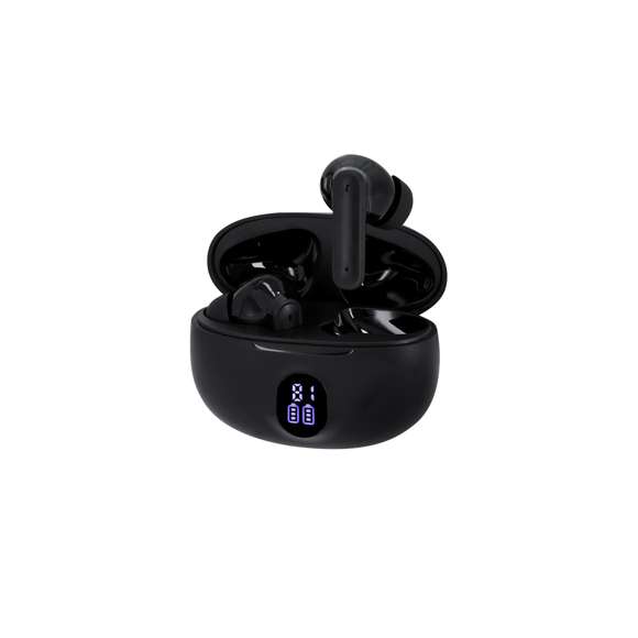 Auriculares intraurales con conexión Bluetooth 5.4, con función manos libres y cancelación de ruidos. De diseño ergonómico, incluyen botón de control táctil integrado en el auricular, con base de carga a juego y pantalla exterior del estado de batería por auricular. Batería integrada de 230 mAh. Manual de instrucciones en español e inglés.