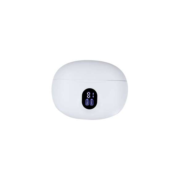 Auriculares intraurales con conexión Bluetooth 5.4, con función manos libres y cancelación de ruidos. De diseño ergonómico, incluyen botón de control táctil integrado en el auricular, con base de carga a juego y pantalla exterior del estado de batería por auricular. Batería integrada de 230 mAh. Manual de instrucciones en español e inglés.