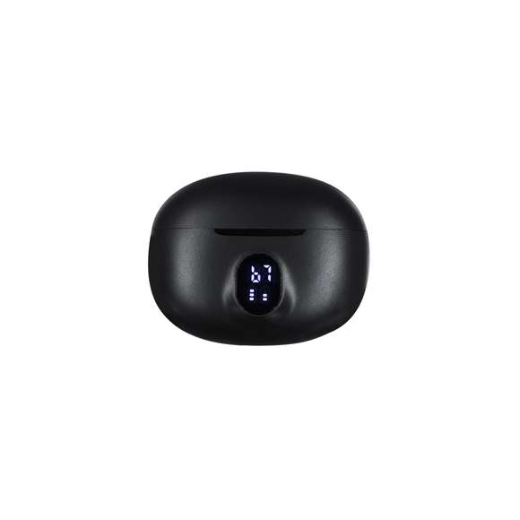 Auriculares intraurales con conexión Bluetooth 5.4, con función manos libres y cancelación de ruidos. De diseño ergonómico, incluyen botón de control táctil integrado en el auricular, con base de carga a juego y pantalla exterior del estado de batería por auricular. Batería integrada de 230 mAh. Manual de instrucciones en español e inglés.