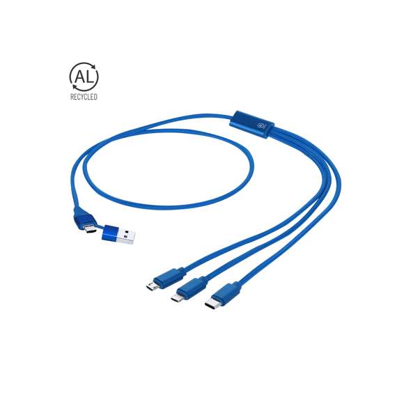 Cable cargador en Aluminio Reciclado. Con conexión de entrada dual Tipo C/USB y salidas Tipo C, Lightning y Micro USB. Incluye distintivo Aluminio Reciclado.El Aluminio Reciclado es un material con posibilidades de reciclaje casi infinitas, sin perder sus propiedades originales y consumiendo menos energía en este proceso.Certificación GRS (Global Recycled Standard / Estándar de Reciclaje Global), que garantiza el origen reciclado del material usado para fabricar el producto.Conexión Micro USB, Tipo C y Lightning 5V DC 2.4A