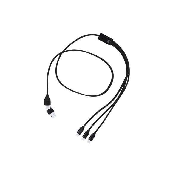 Cable cargador en Aluminio Reciclado. Con conexión de entrada dual Tipo C/USB y salidas Tipo C, Lightning y Micro USB. Incluye distintivo Aluminio Reciclado.El Aluminio Reciclado es un material con posibilidades de reciclaje casi infinitas, sin perder sus propiedades originales y consumiendo menos energía en este proceso.Certificación GRS (Global Recycled Standard / Estándar de Reciclaje Global), que garantiza el origen reciclado del material usado para fabricar el producto.Conexión Micro USB, Tipo C y Lightning 5V DC 2.4A