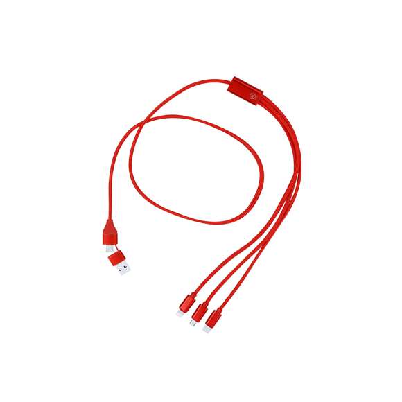 Cable cargador en Aluminio Reciclado. Con conexión de entrada dual Tipo C/USB y salidas Tipo C, Lightning y Micro USB. Incluye distintivo Aluminio Reciclado.El Aluminio Reciclado es un material con posibilidades de reciclaje casi infinitas, sin perder sus propiedades originales y consumiendo menos energía en este proceso.Certificación GRS (Global Recycled Standard / Estándar de Reciclaje Global), que garantiza el origen reciclado del material usado para fabricar el producto.Conexión Micro USB, Tipo C y Lightning 5V DC 2.4A
