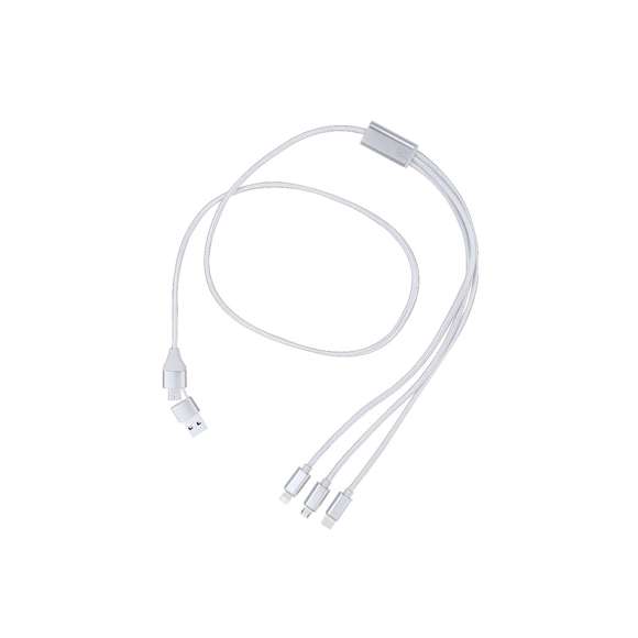 Cable cargador en Aluminio Reciclado. Con conexión de entrada dual Tipo C/USB y salidas Tipo C, Lightning y Micro USB. Incluye distintivo Aluminio Reciclado.El Aluminio Reciclado es un material con posibilidades de reciclaje casi infinitas, sin perder sus propiedades originales y consumiendo menos energía en este proceso.Certificación GRS (Global Recycled Standard / Estándar de Reciclaje Global), que garantiza el origen reciclado del material usado para fabricar el producto.Conexión Micro USB, Tipo C y Lightning 5V DC 2.4A